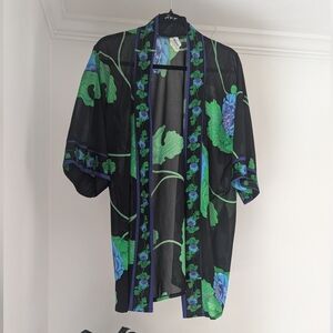Vintage LaBlanca L Floral Sheer Black Kimono Open Front Coverup Summer Beach
